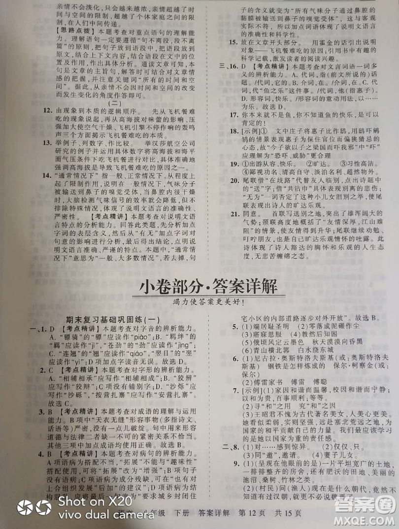 2019年王朝霞期末真題精編八年級(jí)語(yǔ)文下冊(cè)人教版參考答案