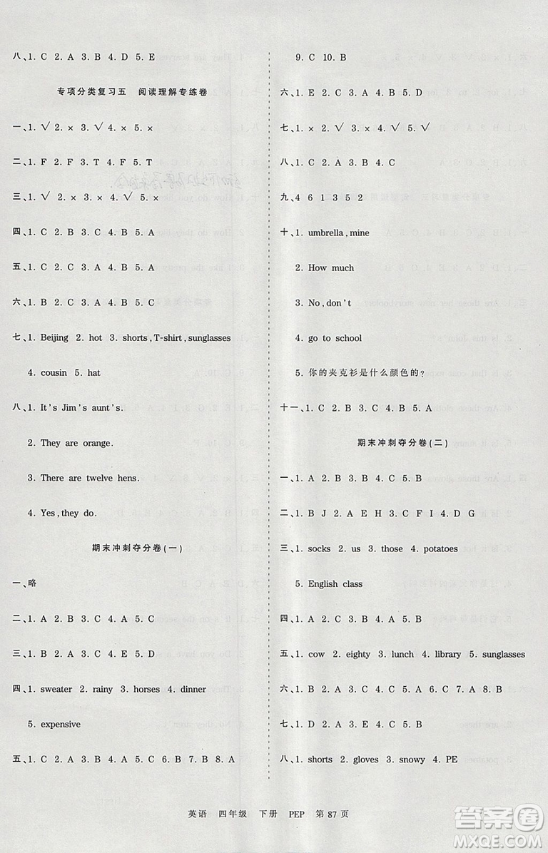 2019年王朝霞考點(diǎn)梳理時(shí)習(xí)卷四年級(jí)英語下冊(cè)人教PEP版參考答案