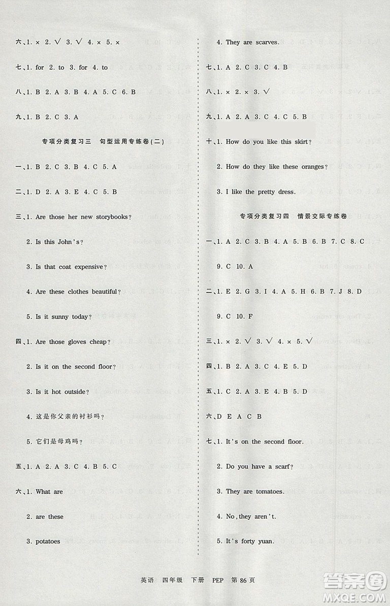 2019年王朝霞考點(diǎn)梳理時(shí)習(xí)卷四年級(jí)英語下冊(cè)人教PEP版參考答案