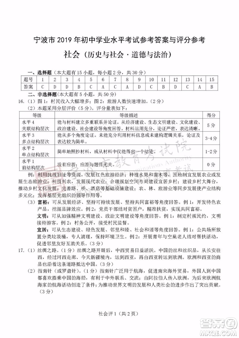 2019年寧波市中考社會(huì)與歷史道德與法治試題及參考答案