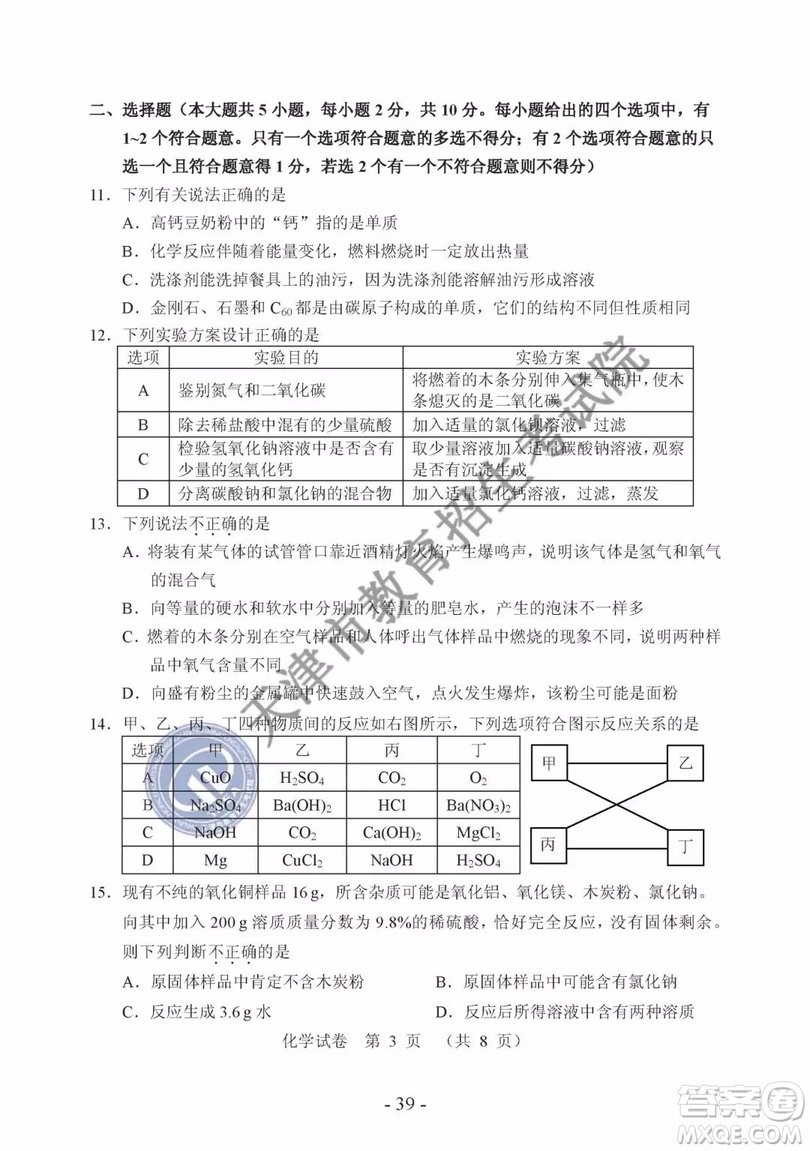 2019年天津市中考化學(xué)試題及參考答案