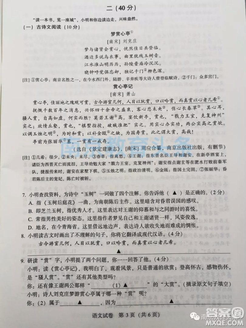 2019年南京市中考真題語(yǔ)文試題及答案