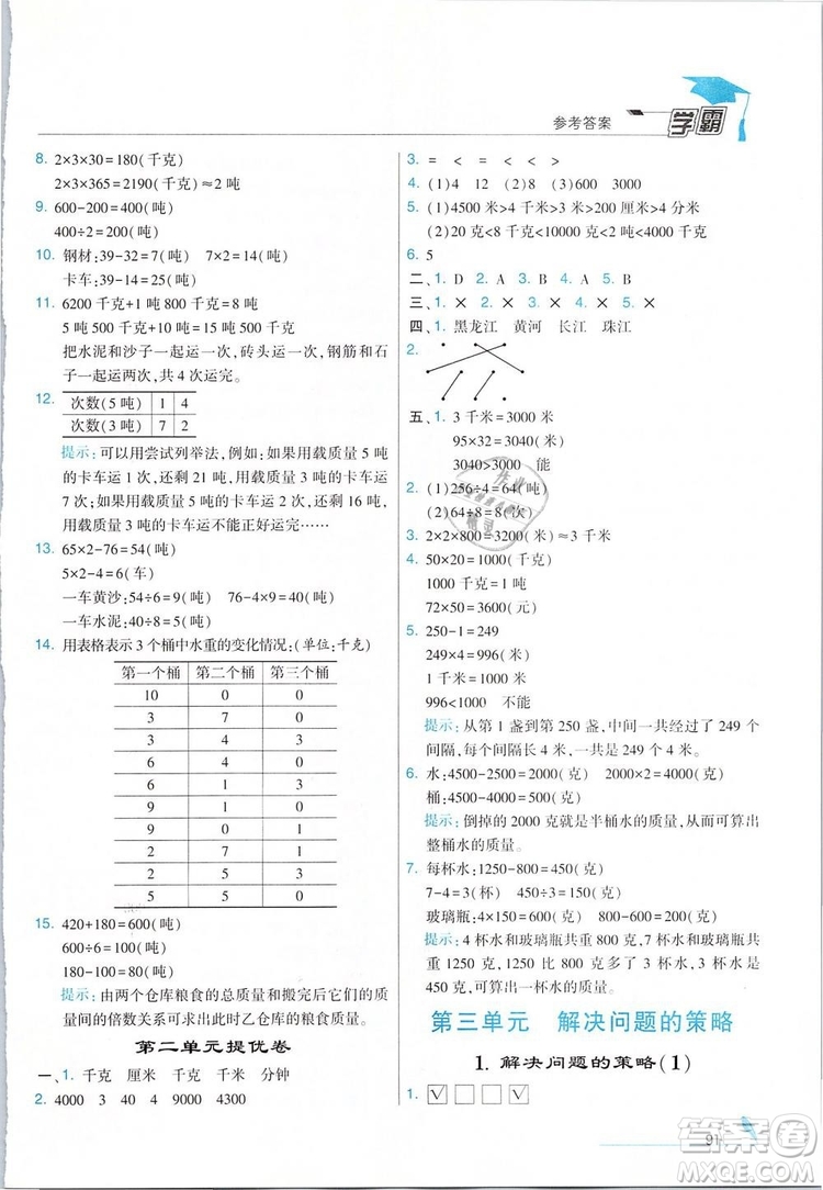 經(jīng)綸學典2019年學霸三年級數(shù)學下冊江蘇國標江蘇版參考答案