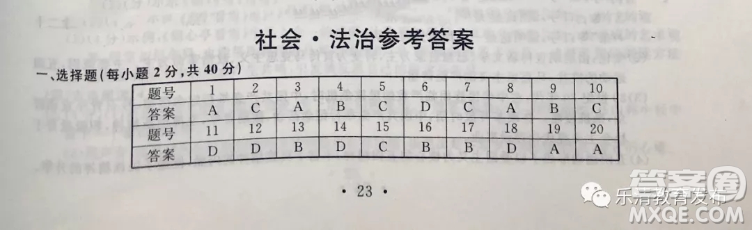 2019年浙江溫州中考真題社會法治試卷及答案