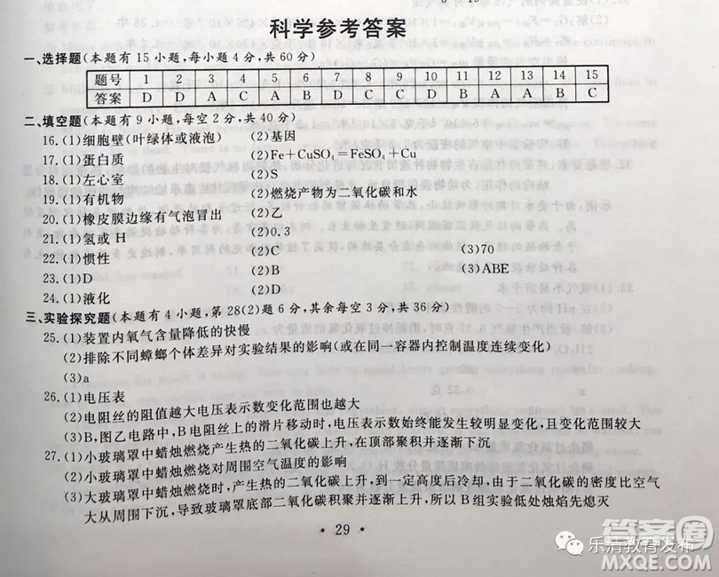 2019年浙江溫州中考真題科學(xué)試卷及答案