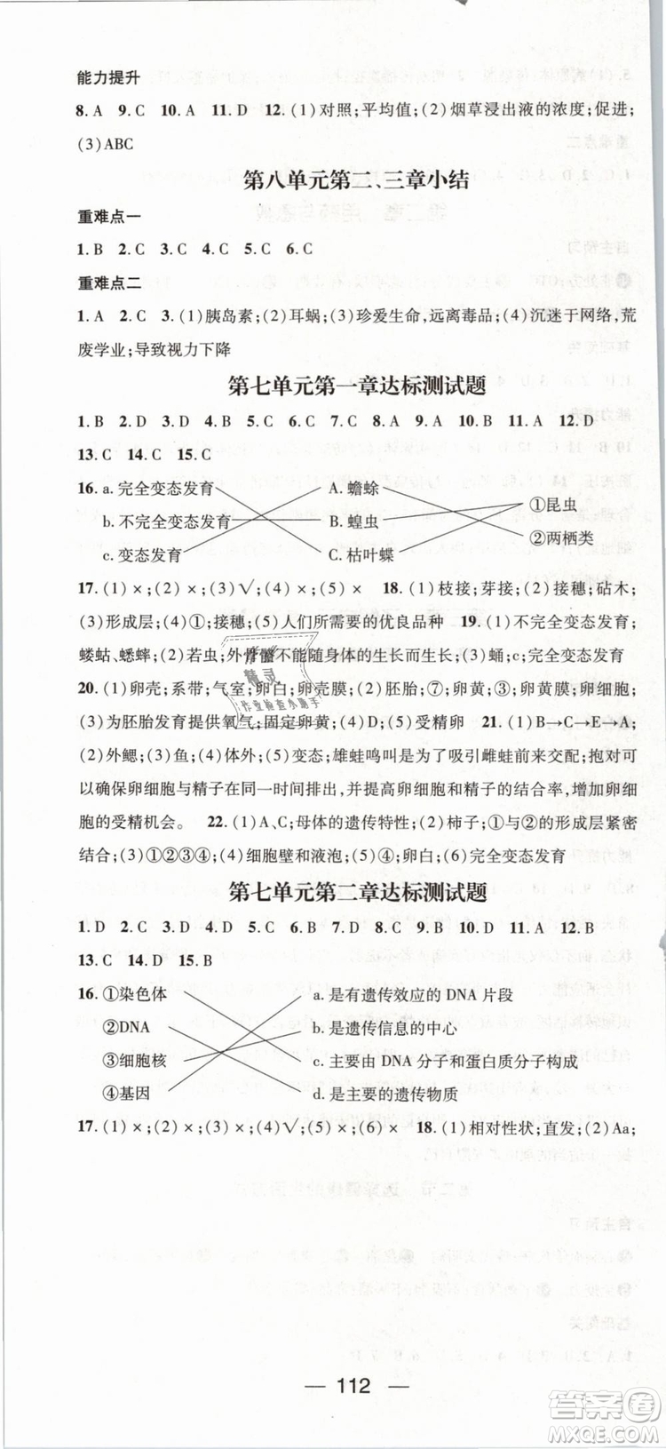 2019年鴻鵠志文化名師測控八年級下冊生物RJ人教版參考答案