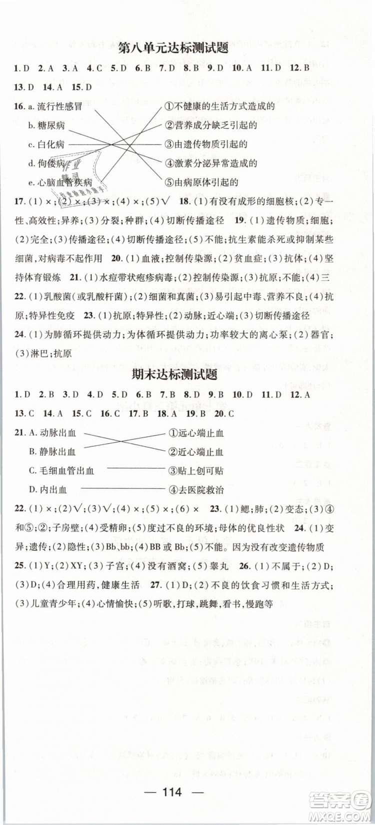 2019年鴻鵠志文化名師測控八年級下冊生物RJ人教版參考答案