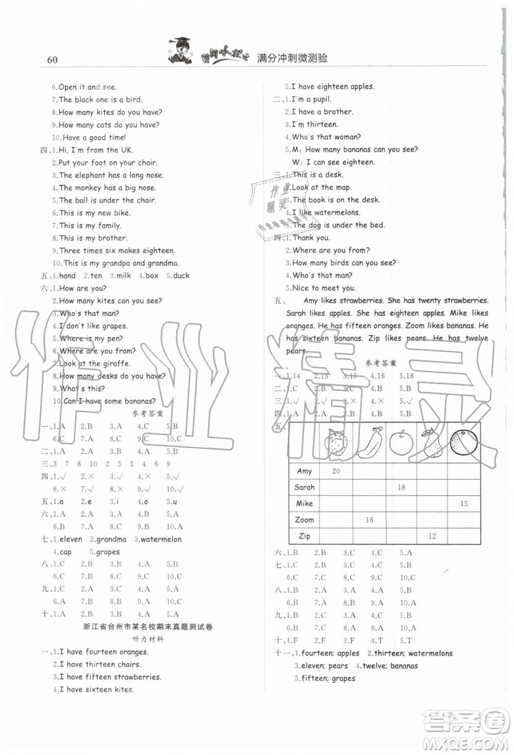 2019年黃岡小狀元滿分沖刺微測驗期末復習專用三年級英語下冊人教PEP版答案