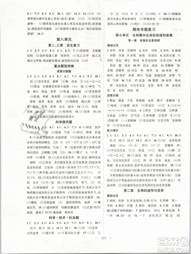 2019萬(wàn)羽文化名師學(xué)案八年級(jí)下冊(cè)生物人教版參考答案