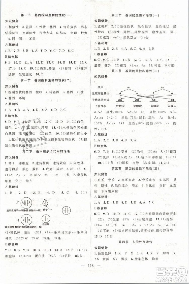 2019萬(wàn)羽文化名師學(xué)案八年級(jí)下冊(cè)生物人教版參考答案