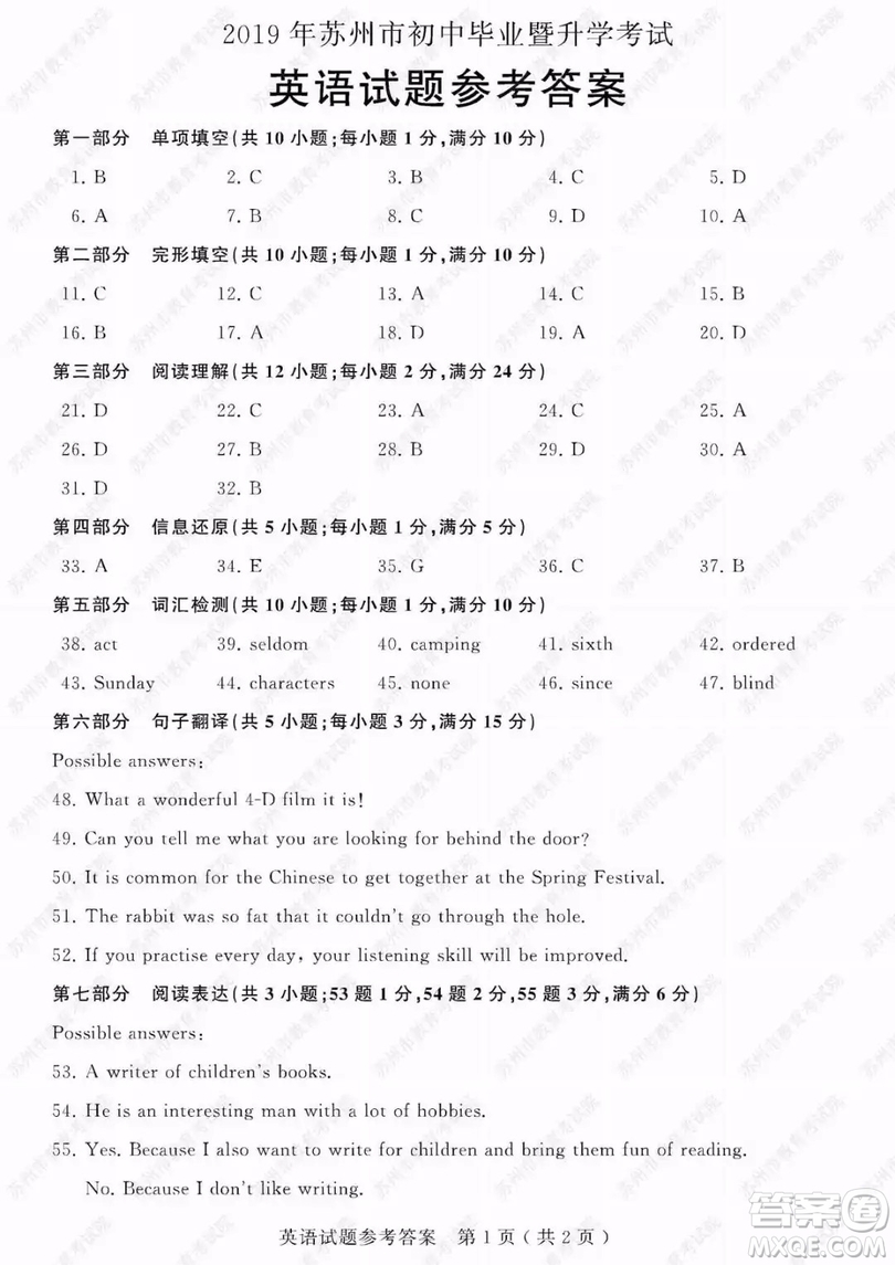 2019年蘇州市中考英語試題及參考答案