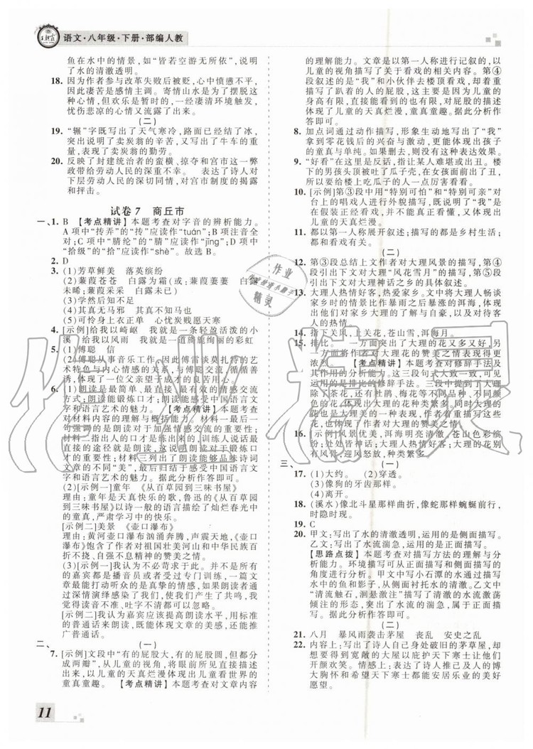 2019年王朝霞各地期末試卷精選八年級語文下冊人教版河南專版答案