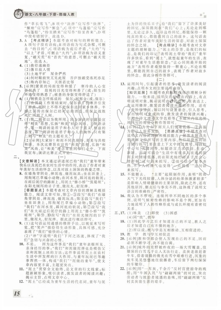 2019年王朝霞各地期末試卷精選八年級語文下冊人教版河南專版答案