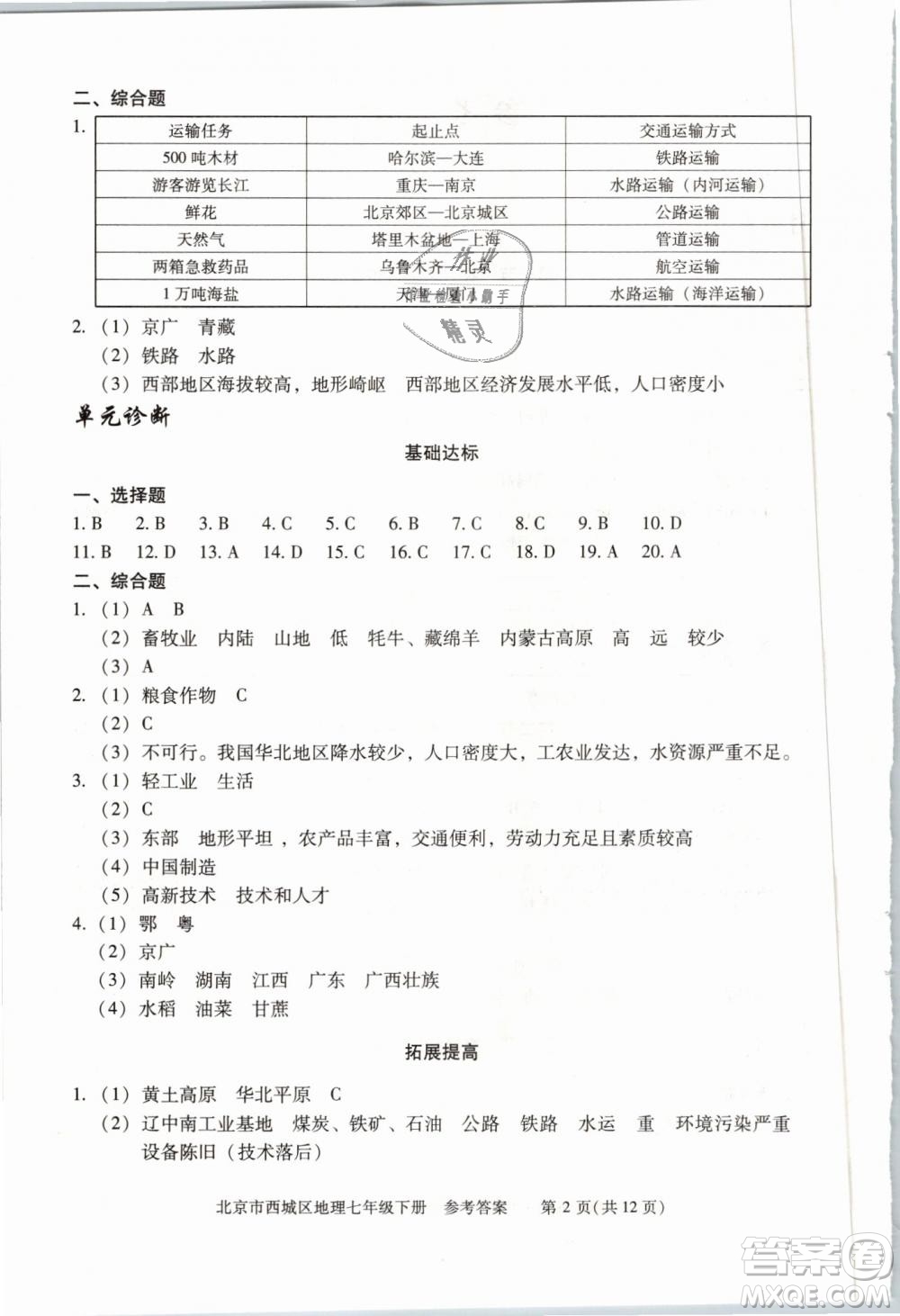 北京西城2019年學(xué)習(xí)探究診斷七年級(jí)地理下冊(cè)第九版參考答案