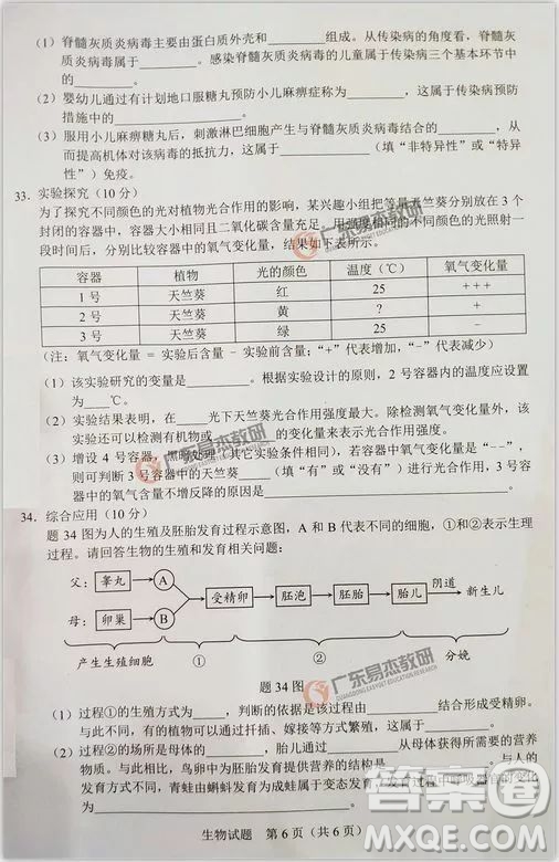 2019年廣東中考生物試卷及參考答案