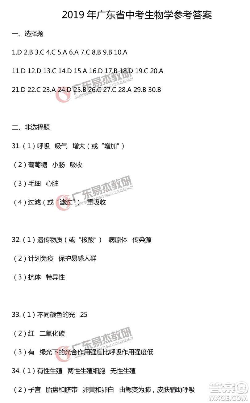 2019年廣東中考生物試卷及參考答案