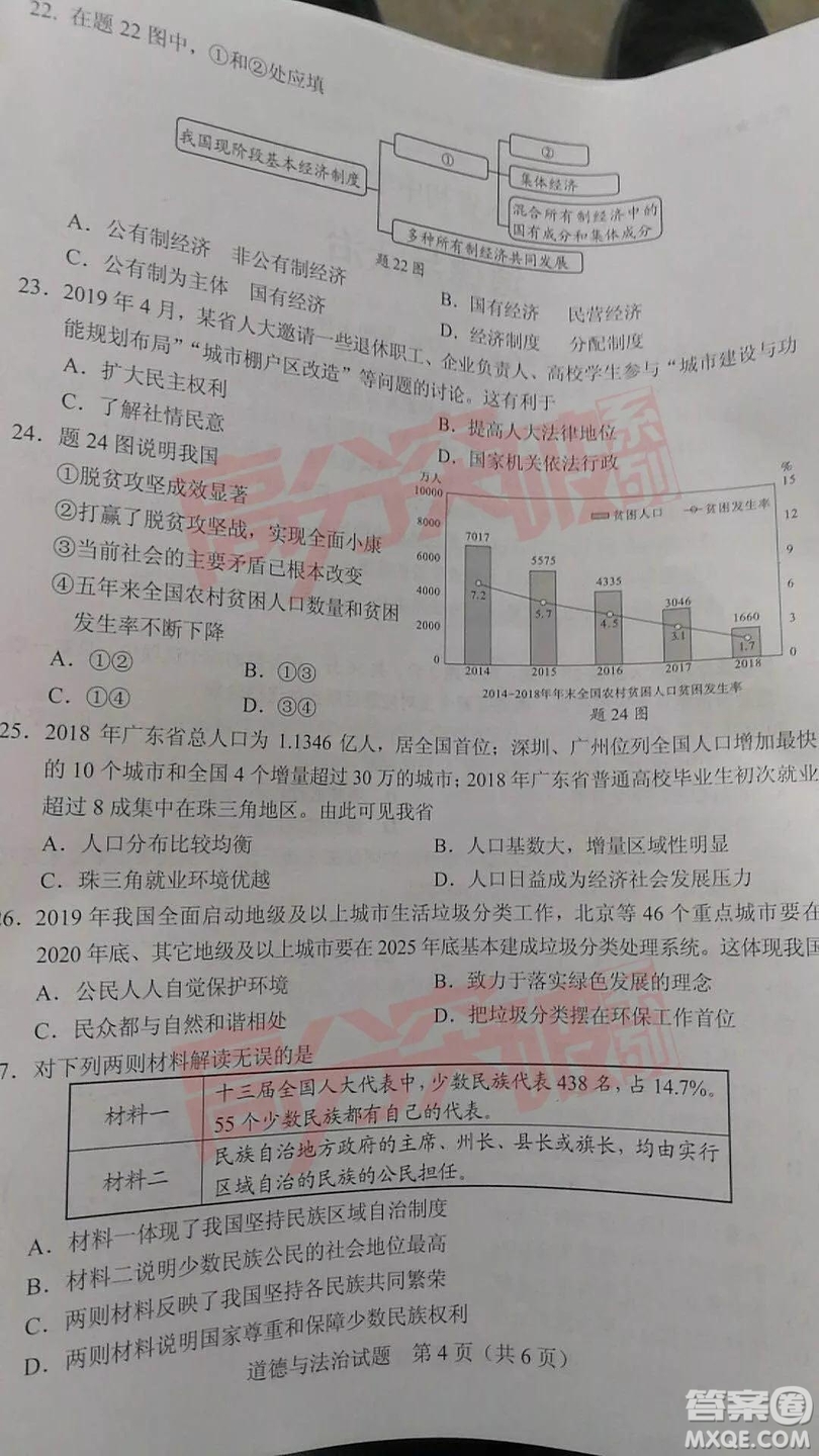 2019年廣東中考真題道德與法治試卷及答案