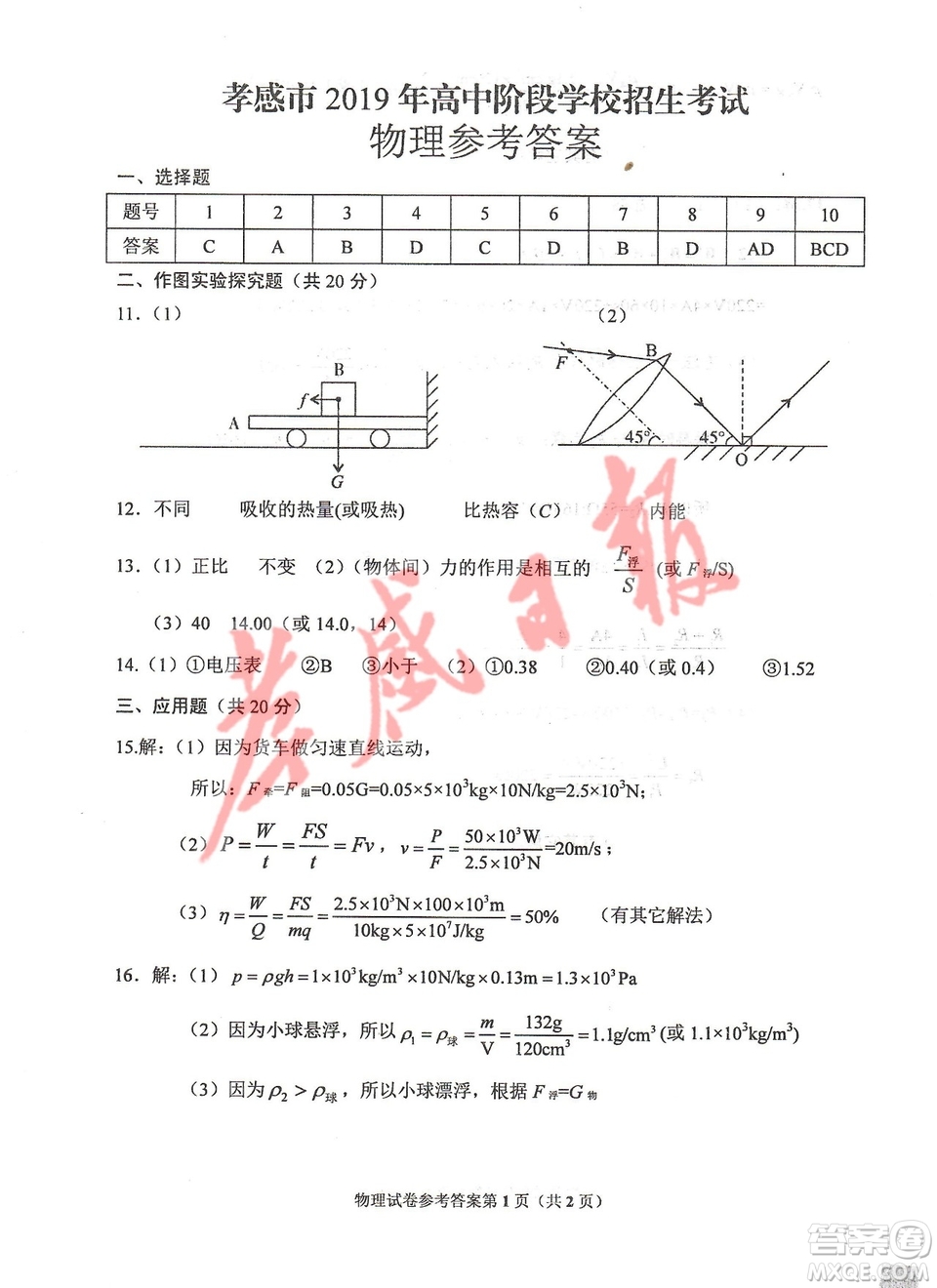 2019年孝感中考真題物理化學(xué)試卷及參考答案