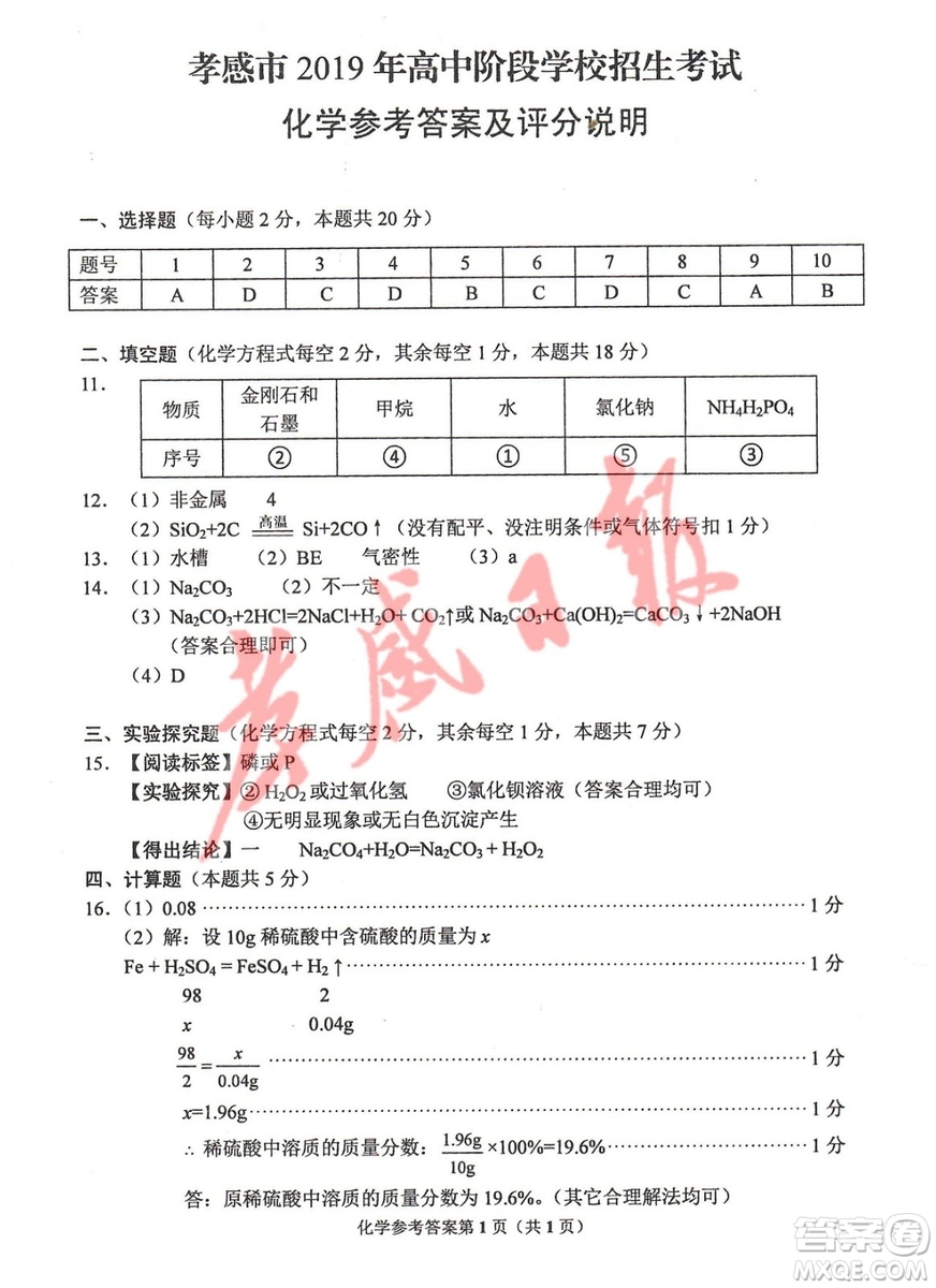 2019年孝感中考真題物理化學(xué)試卷及參考答案