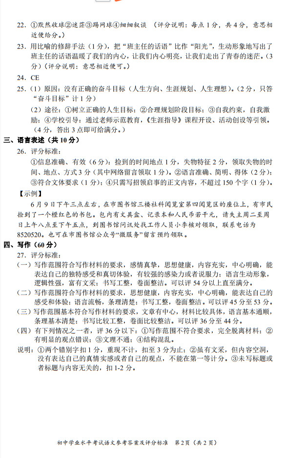 2019年長沙市中考試卷語文參考答案及評分標(biāo)準(zhǔn)