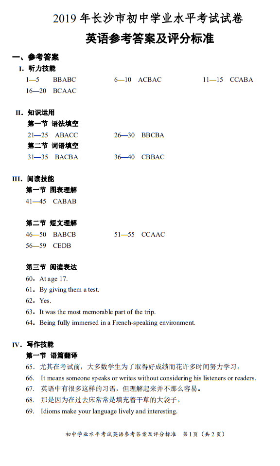 2019年長(zhǎng)沙市中考試卷英語參考答案及評(píng)分標(biāo)準(zhǔn)