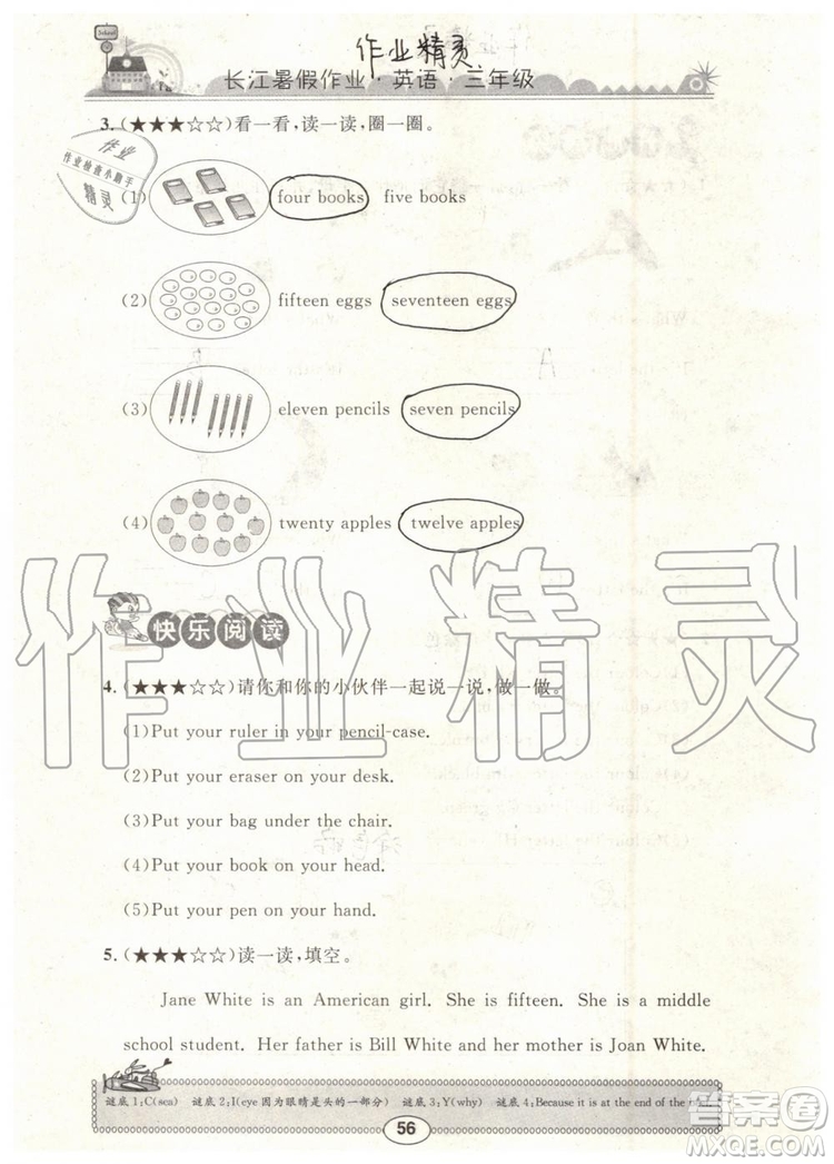 2019年長(zhǎng)江暑假作業(yè)三年級(jí)英語(yǔ)參考答案