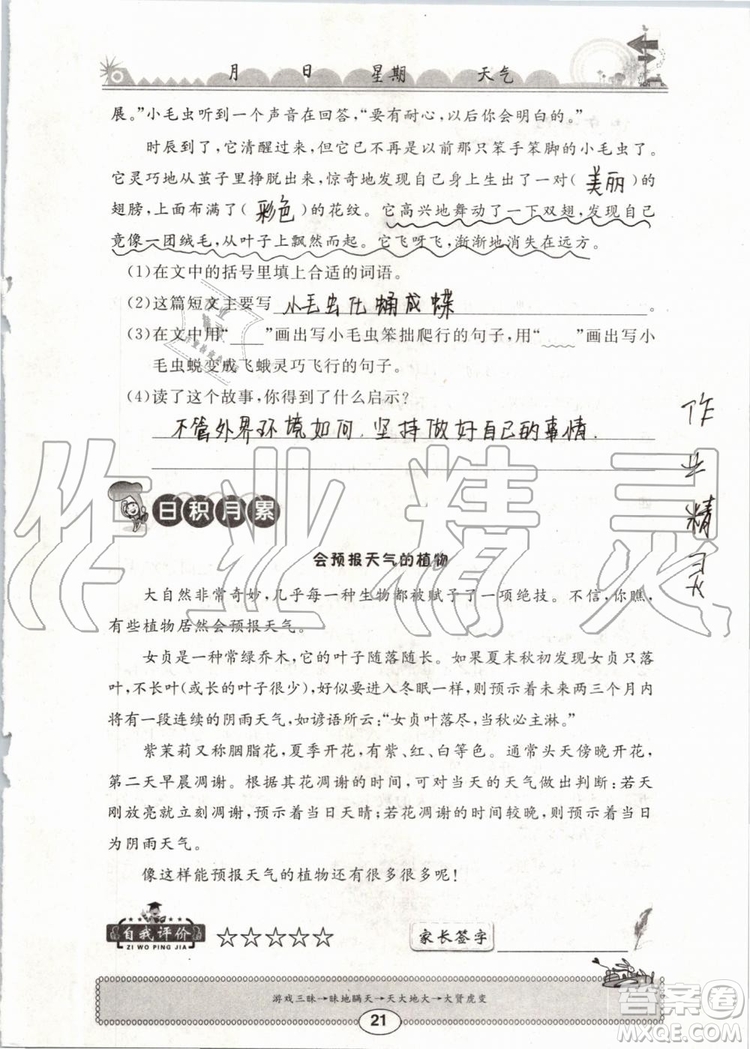 崇文書局2019年長江暑假作業(yè)小學(xué)三年級語文人教版參考答案