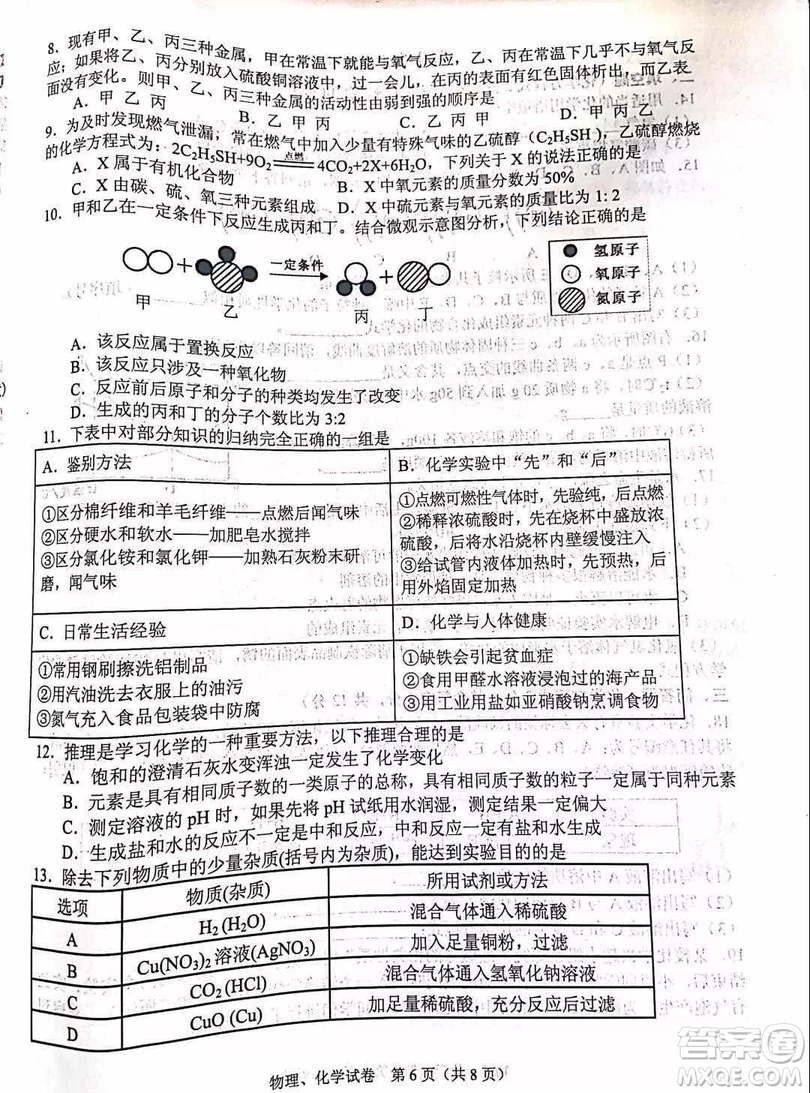 2019年青海省西寧市中考化學(xué)試題及參考答案