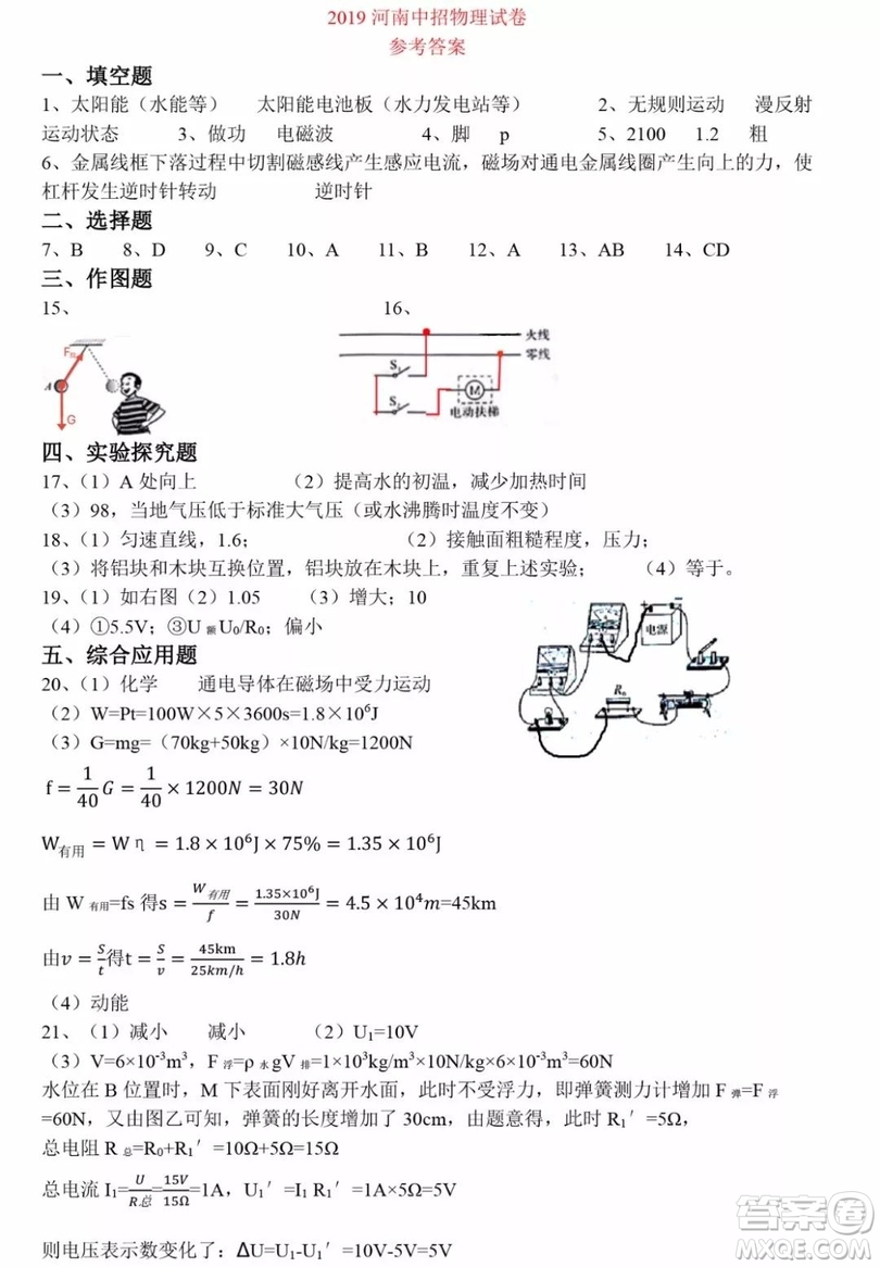 2019河南中考物理化學(xué)真題試卷及答案