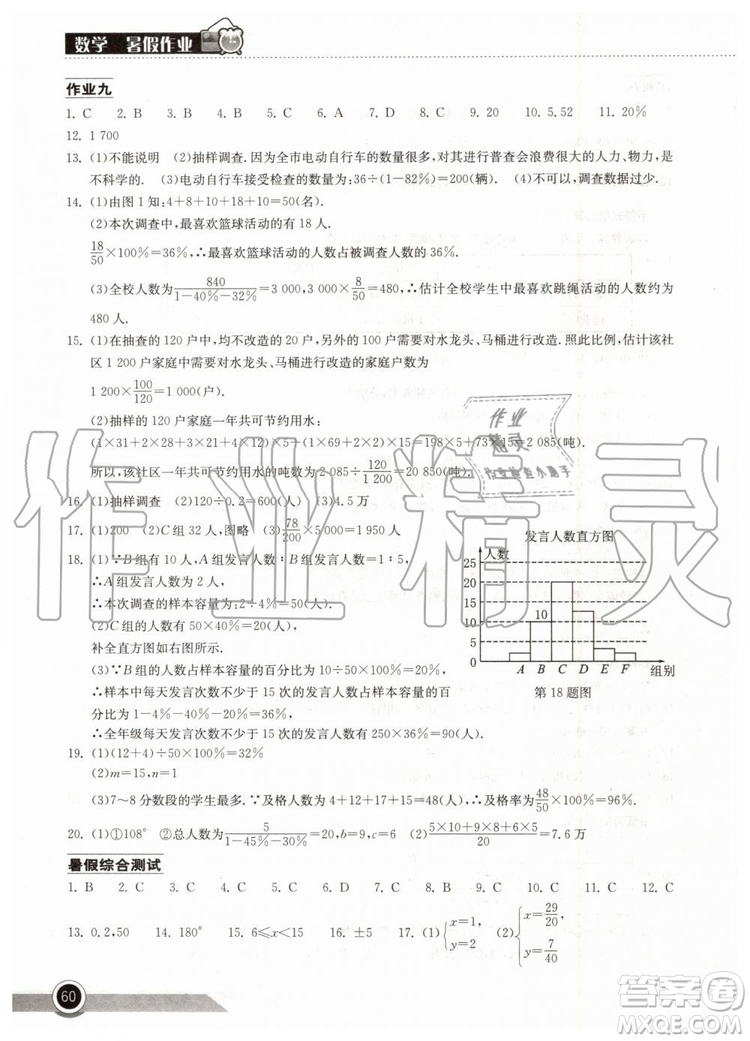 2019年長江作業(yè)本暑假作業(yè)初中七年級數(shù)學人教版參考答案