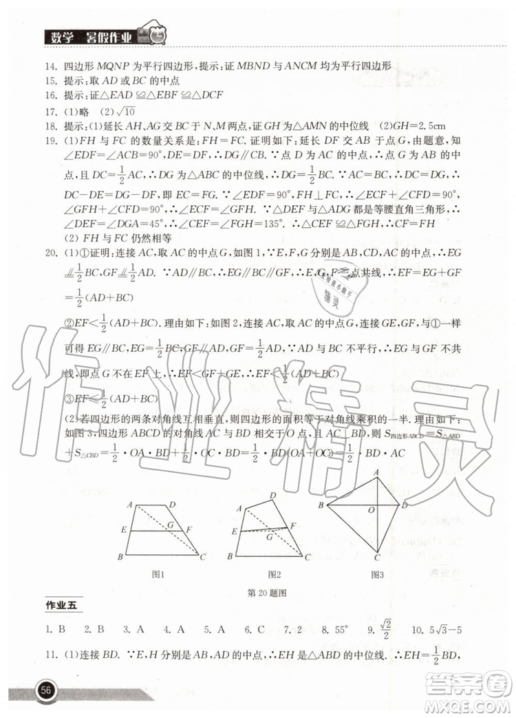 2019年長江作業(yè)本暑假作業(yè)初中八年級數(shù)學(xué)人教版參考答案