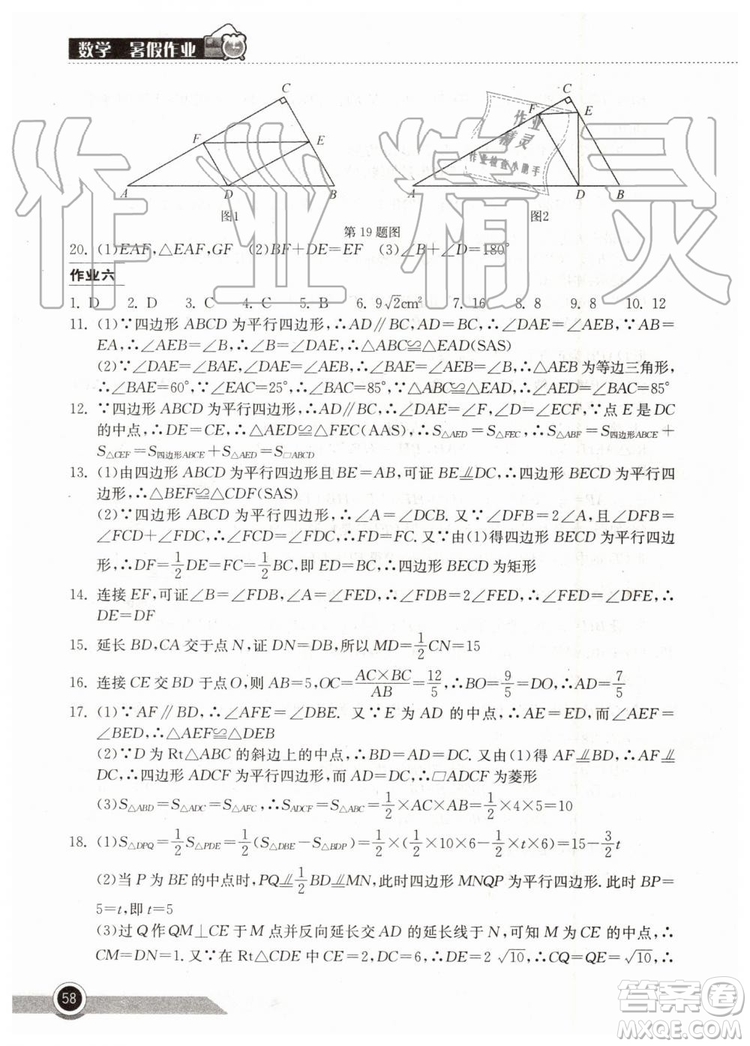 2019年長江作業(yè)本暑假作業(yè)初中八年級數(shù)學(xué)人教版參考答案