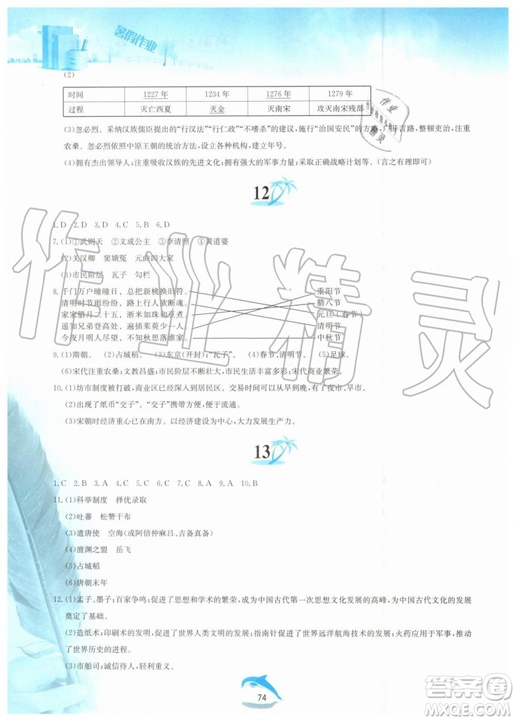 黃山書社2019年暑假作業(yè)七年級中國歷史人教版參考答案