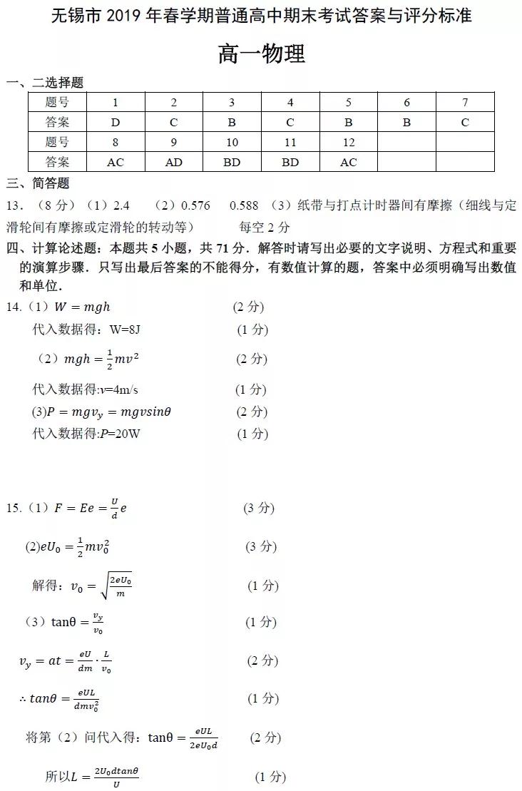 2019年6月無(wú)錫市期末統(tǒng)考試題高一物理化學(xué)試題及答案