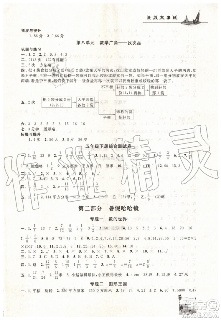 人民教育教材適用2019年小學(xué)版暑假大串聯(lián)五年級(jí)數(shù)學(xué)參考答案