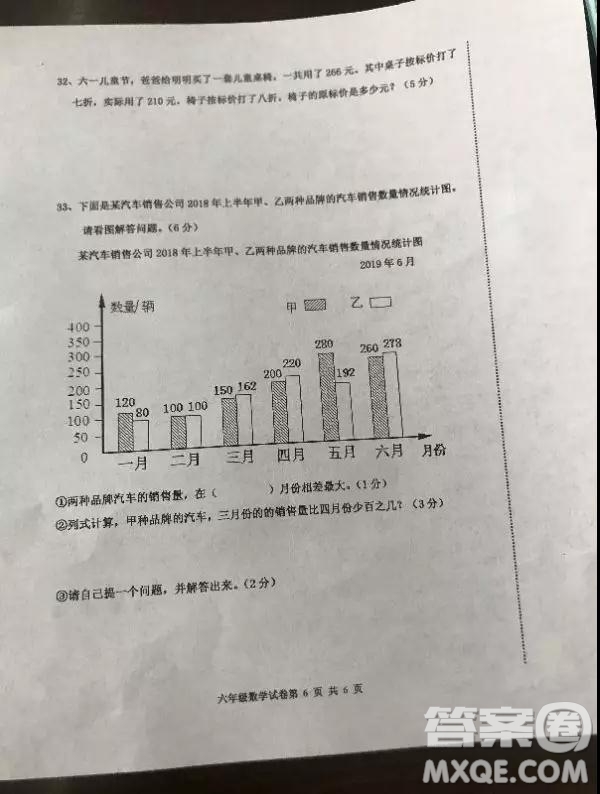 路南區(qū)2018-2019學年度第二學期期末檢測六年級數(shù)學試卷及答案