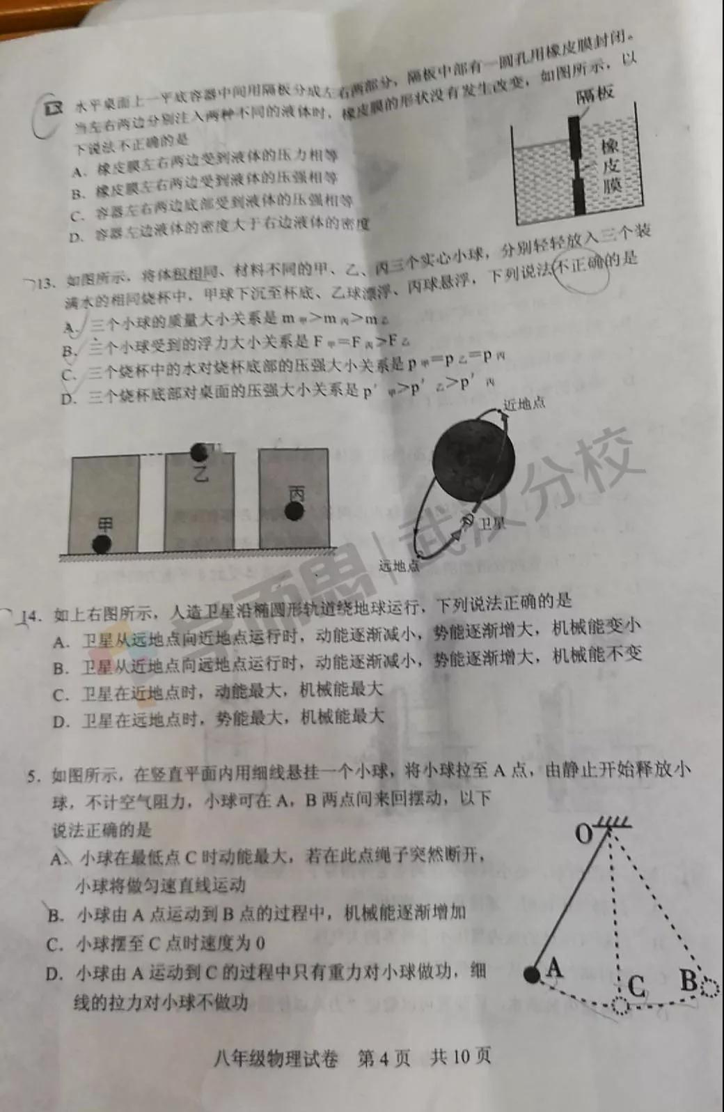 2019武漢市武昌區(qū)八年級期末考試物理試卷及答案