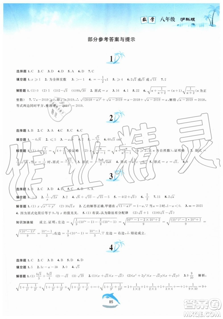 黃山書社2019版暑假作業(yè)八年級數(shù)學滬科版參考答案