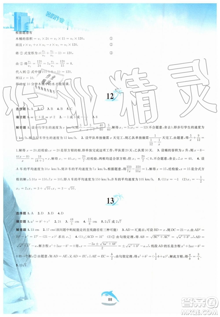 黃山書社2019版暑假作業(yè)八年級數(shù)學滬科版參考答案