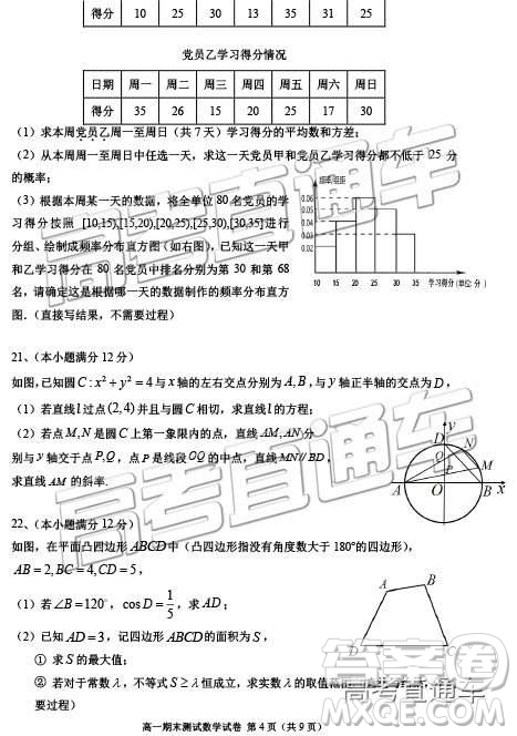 2019年江蘇揚州高一期末檢測數(shù)學試題及參考答案