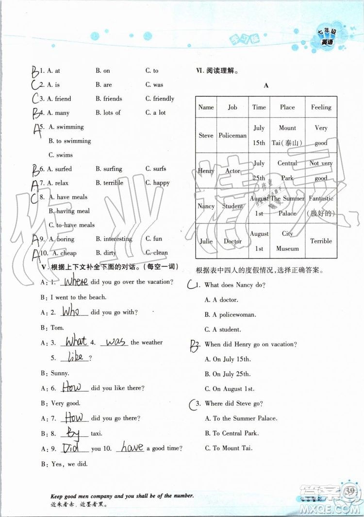 暑假學(xué)習(xí)與生活2019版假日知新七年級英語學(xué)習(xí)版參考答案