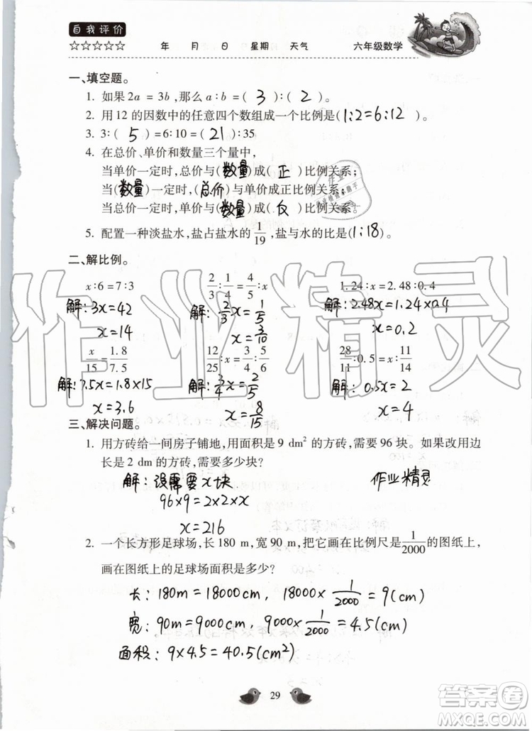 北京教育出版社2019暑假樂園六年級數(shù)學(xué)人教版河南專用參考答案