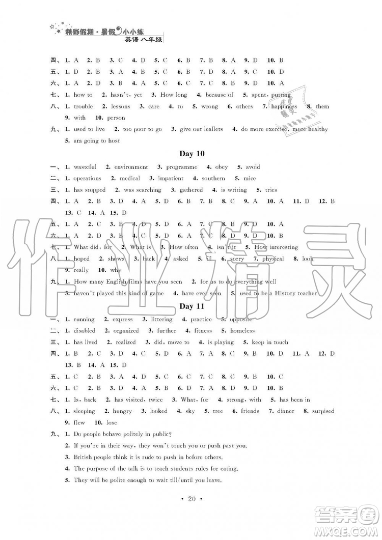 2019年精彩假期暑假小小練八年級(jí)語文數(shù)學(xué)英語物理合訂本參考答案