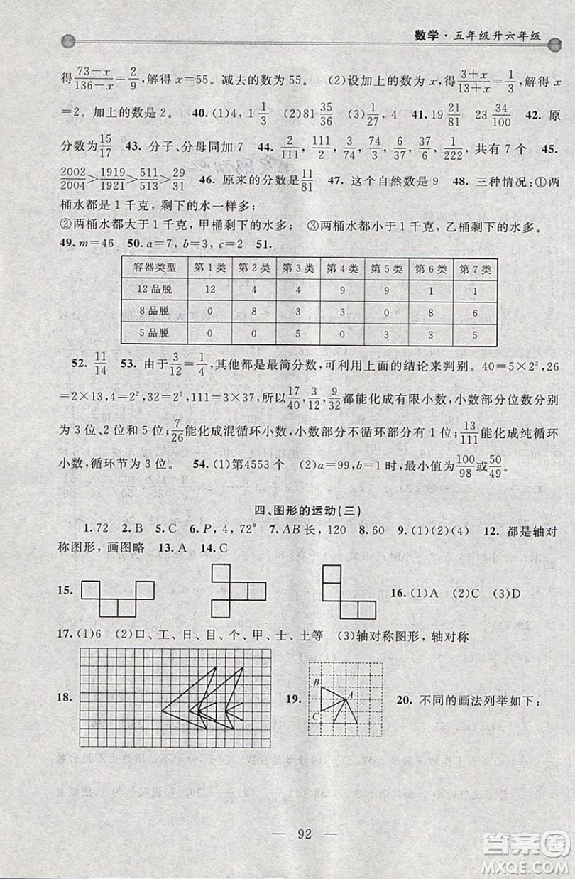 浙江大學出版社2019浙大優(yōu)學新編小學年級銜接導與練5年級升6年級數(shù)學答案