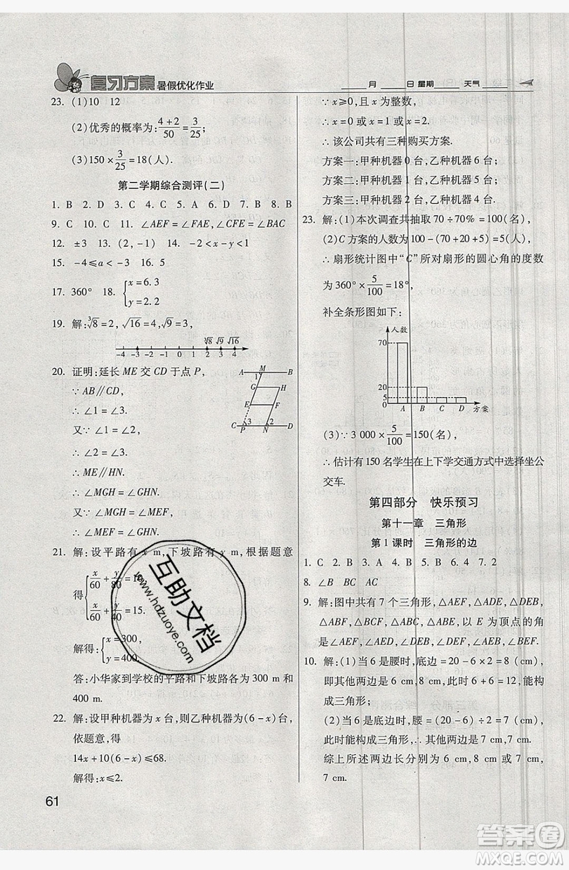 2019鑫成長樹復(fù)習(xí)方案暑假優(yōu)化作業(yè)七年級數(shù)學(xué)人教版答案