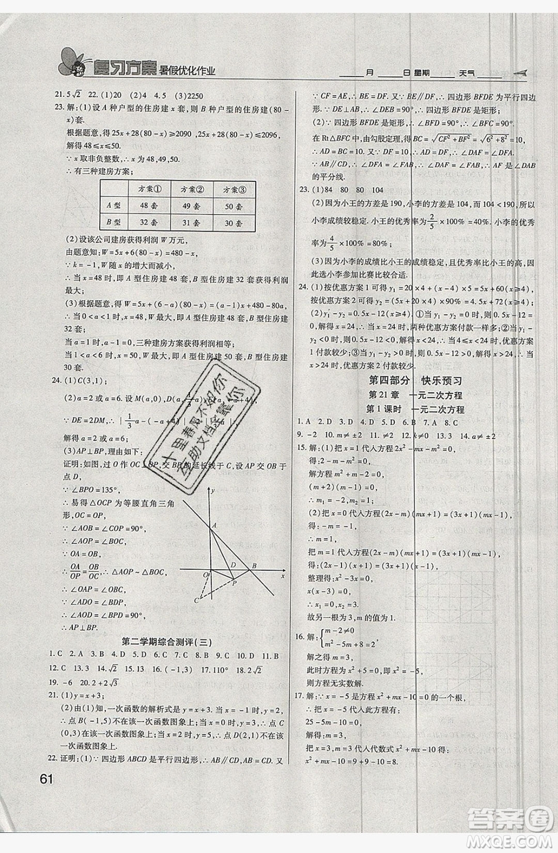 2019鑫成長樹復習方案暑假優(yōu)化作業(yè)八年級數(shù)學人教版答案