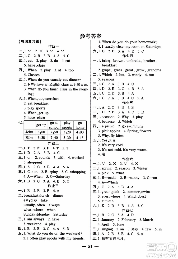 2019年金峰教育開心作業(yè)暑假作業(yè)五年級(jí)英語(yǔ)人教版RJ參考答案