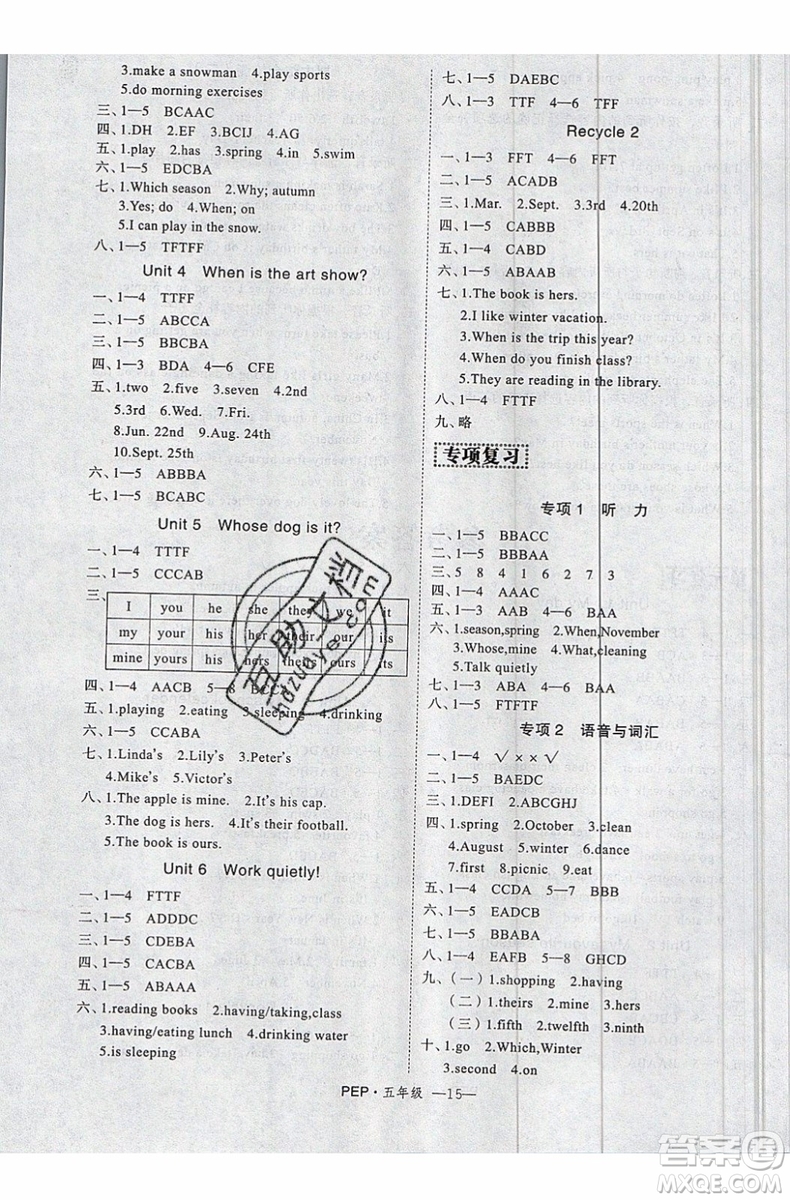 2019年優(yōu)干線(xiàn)暑假計(jì)劃期末銜接五年級(jí)英語(yǔ)PEP人教版參考答案