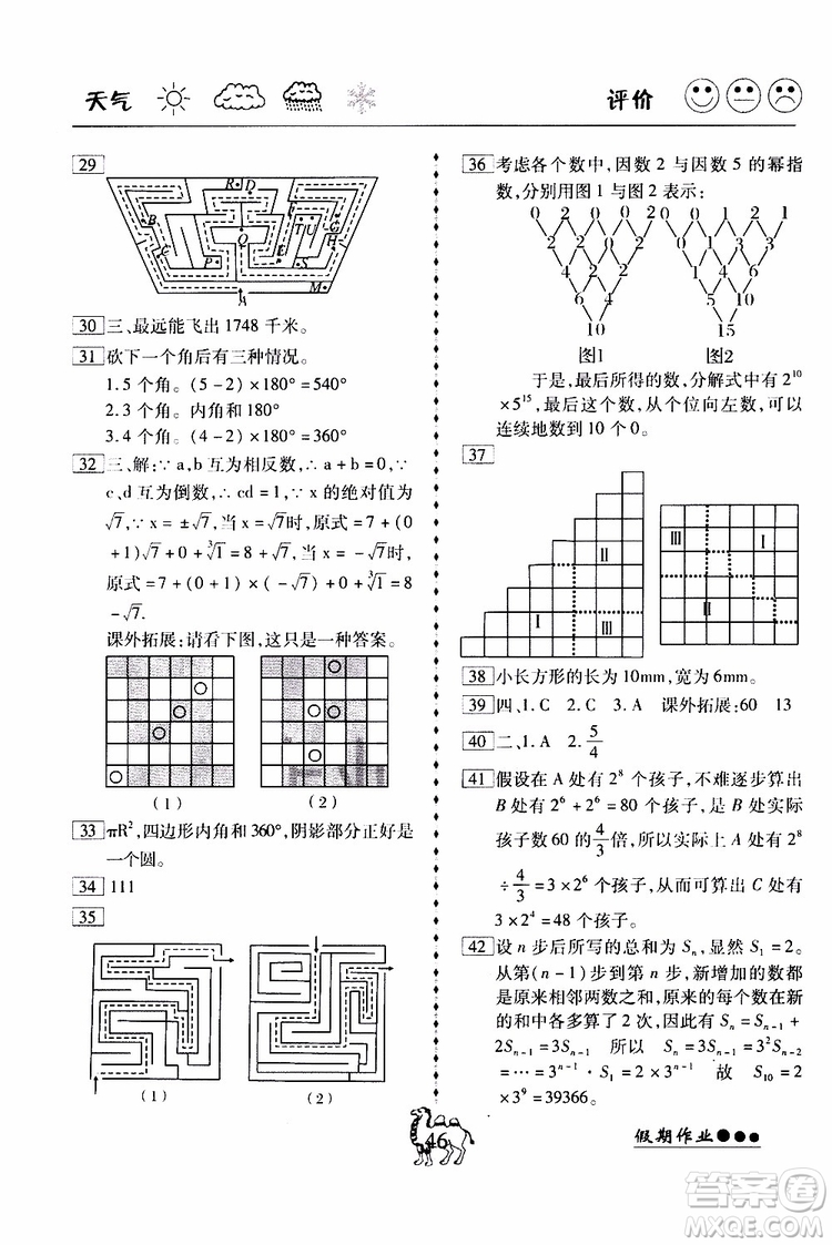 2019版倍優(yōu)暑假快線假期作業(yè)初一七年級下冊數(shù)學(xué)RJ人教版參考答案