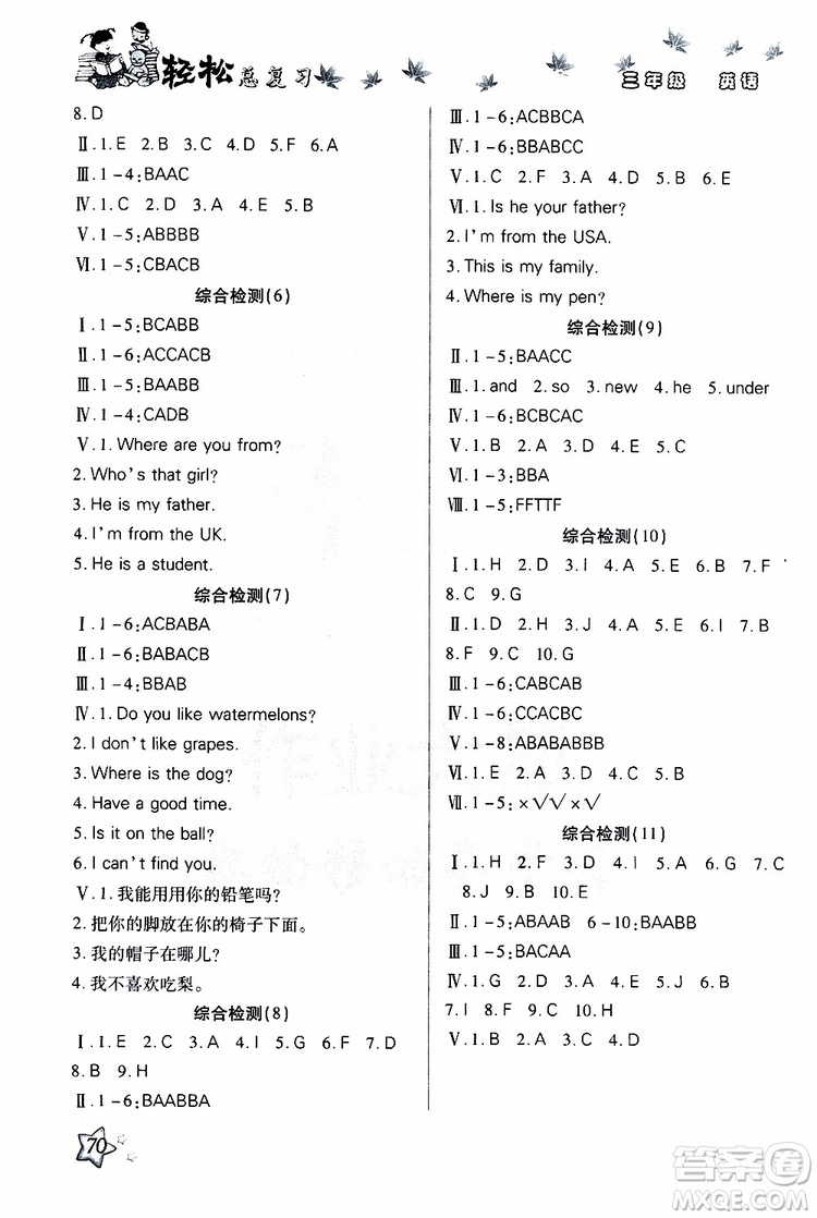 2019年輕松總復(fù)習(xí)假期作業(yè)三年級(jí)英語(yǔ)輕松暑假R人教版參考答案